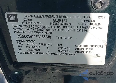 2001 Chevrolet Suburban 1500 Ls из США, поврежденный, VIN 3GNEC16T11G185040